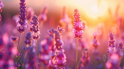 Obraz premium Vibrant Lavender Fields Bathed in Golden Sunset Glow