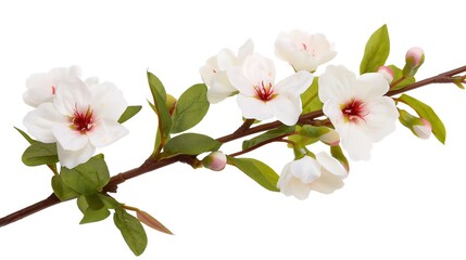 Obraz premium A white flower with green leaves is on a white background. The flower is the main focus of the image, and the green leaves add a touch of color and contrast