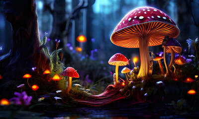 Enchanting Red And White Mushrooms In A Dreamy Forest At Night