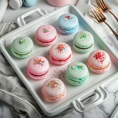 Fototapeta premium Beautiful and Delicious French Macaroon Cakes on a White Background
