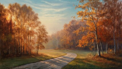 A painting of a country road with trees and grass, AI