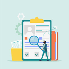 Recruitment agency, personnel service, recruitment network concept. The manager is looking for a candidate in a huge resume for the position. Vector illustration.	