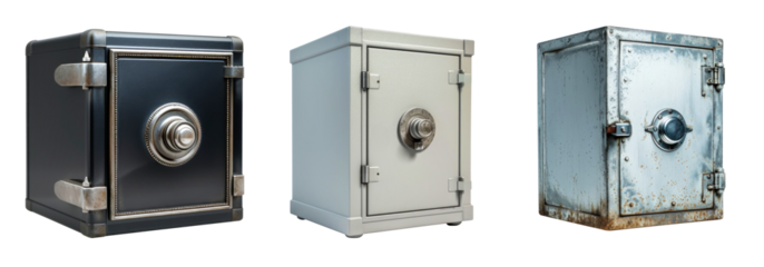 Three safes, each with a unique design and finish, stand isolated against a white background. They symbolize security and protection, promising safekeeping for cherished items.