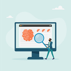 Neuroscience and brain research concept. The human brain and psychology. A character examines a head tomography scan on the screen. Vector illustration.