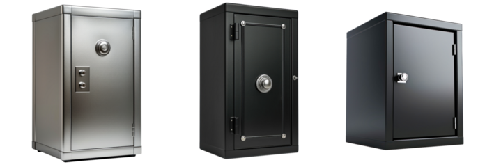 A trio of robust safes, each with a distinct design and color, stands ready to safeguard valuables.