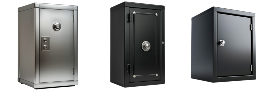 A trio of robust safes, each with a distinct design and color, stands ready to safeguard valuables.