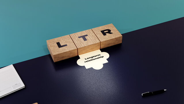 LTR abbreviation of Longterm relationship, 3D acronym wood text block concept