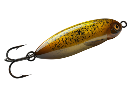 A yellow wobbler fishing lure, with its characteristic nose and shimmering scales, hangs suspended in mid-air against a stark white background, ready to tempt unsuspecting fish.