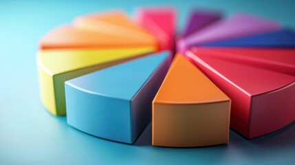 Obraz premium Colorful pie chart with 3D segments on blue background, representing data analysis and business statistics.