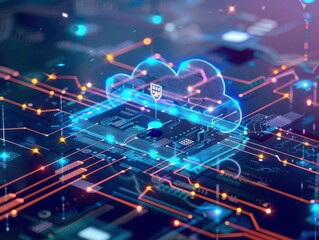 Fototapeta premium Futuristic digital cloud security concept with neon lights on a microchip circuit board, representing data technology and protection.