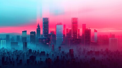 Fototapeta premium Futuristic cityscape with neon colors and high-rise buildings shrouded in mist, showcasing a vibrant urban environment.