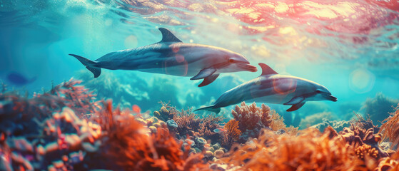 Two dolphins swimming in vibrant coral reef with sunlight filtering through the water, creating a colorful and serene underwater scene.