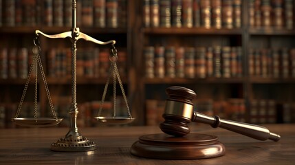A gavel and scales of justice on a table in front of bookshelves, representing law or justice 