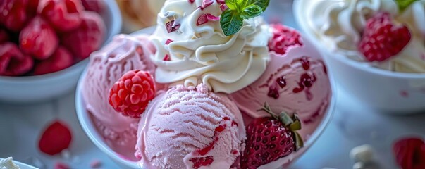 Naklejka premium Delicious scoops of raspberry ice cream topped with whipped cream and fresh berries, perfect for summer desserts.