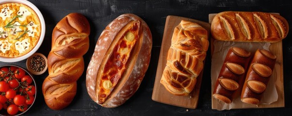 Assorted freshly baked bread varieties on a dark background, alongside a bowl of sliced tomatoes. Artisan bread and bakery delights.