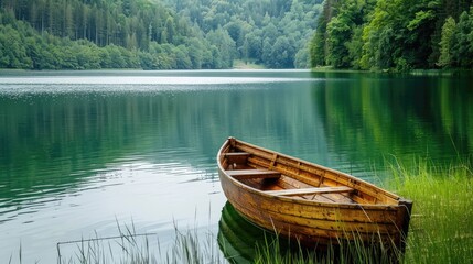 Obraz premium Calm green lake featuring a wooden rowing boat, surrounded by nature's beauty and still waters -