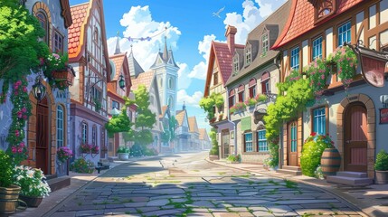Obraz premium Charming old town background in cartoon and anime style, featuring quaint buildings and cobblestone streets