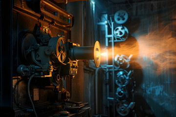 Vintage film projector with glowing light beam in dark room, showcasing nostalgic retro film effects with grain, dust, and light leaks for a classic cinematic experience