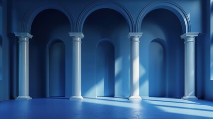Majestic Archways in a Serene Blue Hall