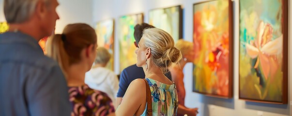 An art gallery opening with visitors admiring paintings