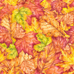 Seamless pattern with autumn leaves motifs painted in watercolor. Watercolor autumn leaves in a seamless illustration. Idea for festive decoration and creating prints.