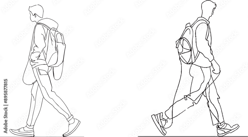 Poster hiking man with backpack and trekking poles in continuous line art drawing style. nordic walking. bl