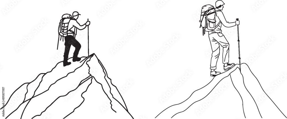 Poster on top of a mountain peak, a man is sitting with a backpack and trekking poles in continuous line ar