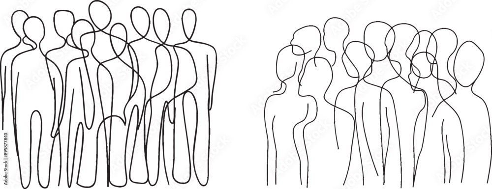 Poster modern drawing of a group of people in a continuous line. people of various ages together. portrait 