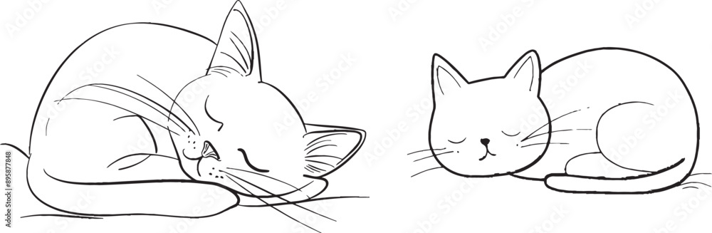 Poster thee is a continuous one line drawing of happy cute cats silhouettes with curled tails isolated on a