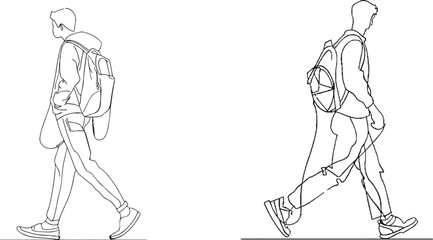 Obraz premium Hiking man with backpack and trekking poles in continuous line art drawing style. Nordic walking. Black linear sketch isolated on white background. Illustration of modern lifestyle.