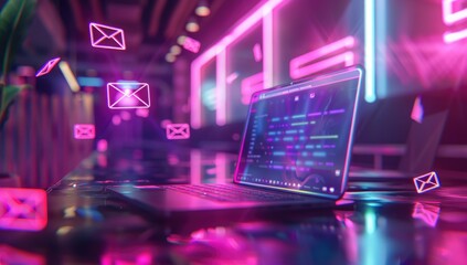 Close-up of a modern laptop standing on a dark table surrounded by a holographic bright screen. Technology concept.