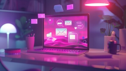 Close-up of a modern laptop standing on a dark table surrounded by a holographic bright screen. Technology concept.