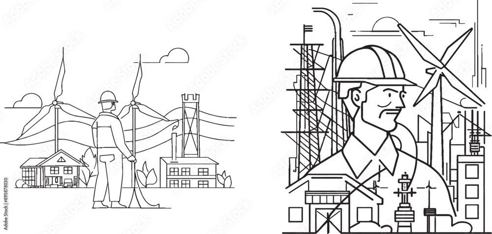 Poster this continuous line art drawing illustrates wind energy in a landscape setting with wind turbines p