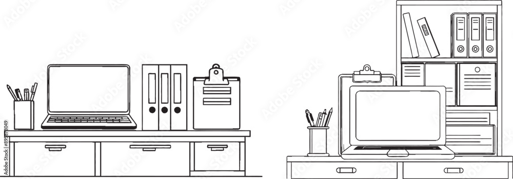 Poster the office equipment for document circulation and storage, as well as a notebook and timeclock