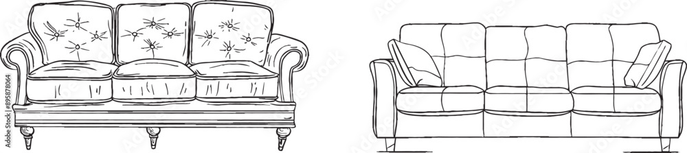 Aufkleber Modern sofa design in simple linear style. Doodle modern illustration.