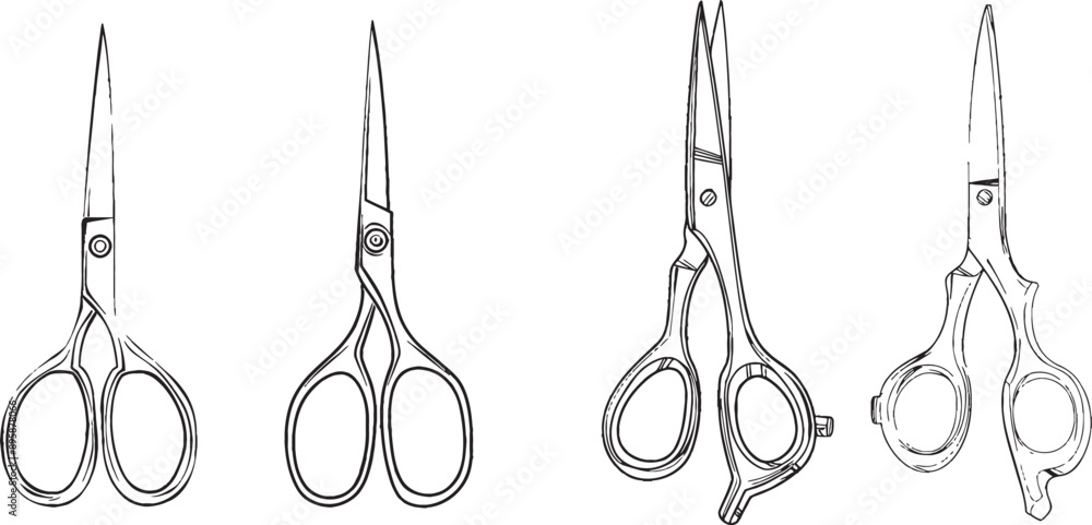 Poster sketch of scissors using a continuous line, isolated on a white background.
