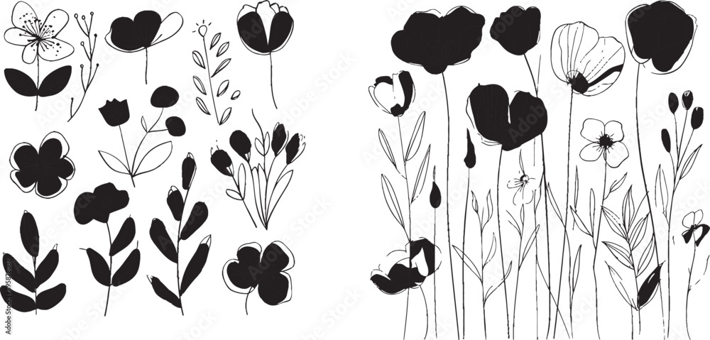 Poster an abstract flower drawing with continuous line art depicting a ginkgo, a rose, a tulip and a bouque