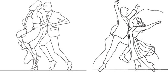 A single line drawing of a young man and woman professionally dancing tango, waltz on a dance competition stage. Elegant style.