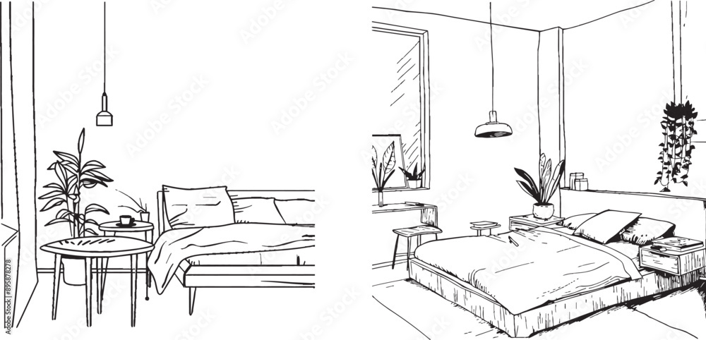 Poster in addition to bed and table, there is a vase and monstera leaf on the table. scandinavian style fur