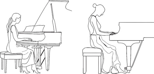 A woman plays the piano in a one line painting. She is playing jazz or blues on a musical instrument. Professional musician. Stage performer, continuous line graphic modern design.