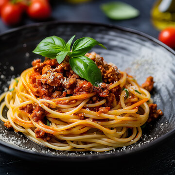 a plate of spaghetti with bolognese sauce and meatballs and basil