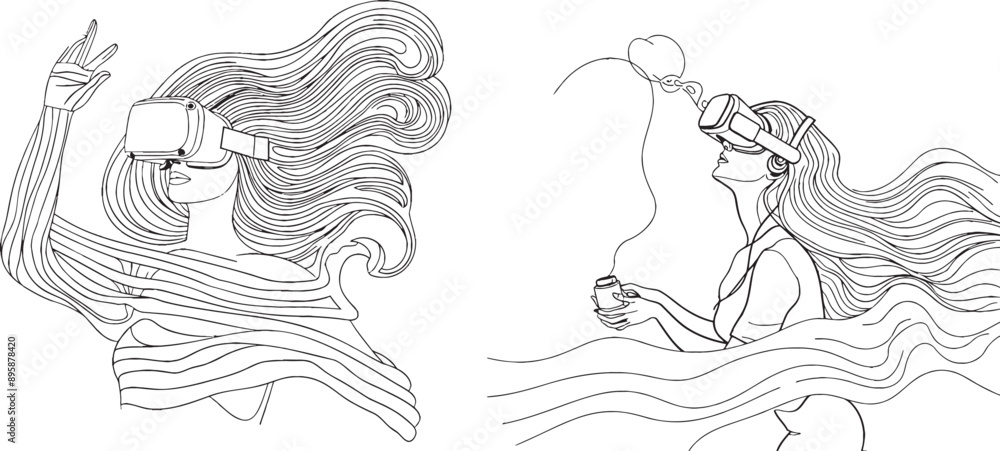 Aufkleber the drawing is a continuous one-line representation of virtual reality gaming.