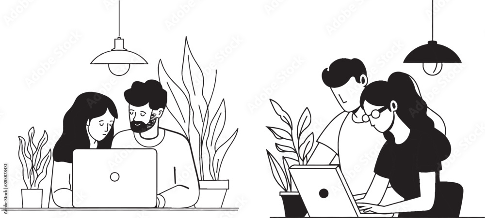 Aufkleber one line drawing showing manager helping employee with laptop computer