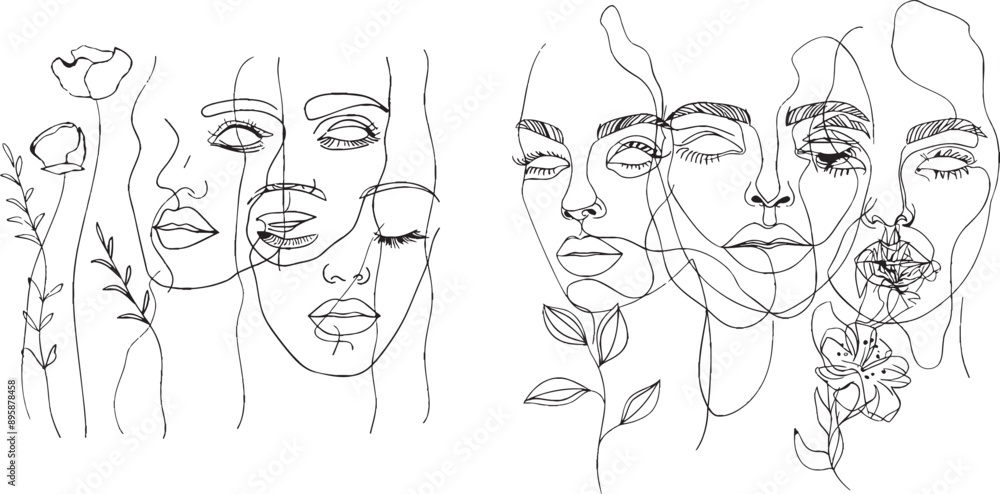 Canvas Prints Various women's faces in line drawing style on white background.