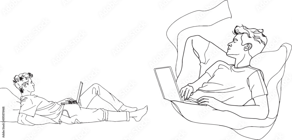 Poster drawing in one continuous line. young man sitting with laptop computer in armchair. modern illustrat