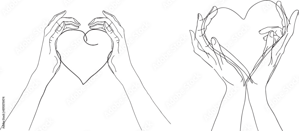 Poster continuous one-line drawing of the heart from the hands. modern elements, representing love and heal