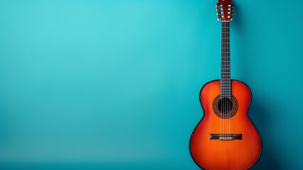 Fototapeta premium Acoustic guitar on a blue background, top view, copy space.