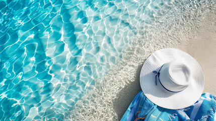 Turquoise beach blanket and white straw women's hat on the sandy beach, top view. Beautiful seascape with copy space. The concept of tourism, travel, recreation and relaxation