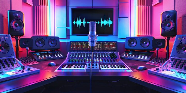 High-tech radio station with a microphone and headphones, digital soundboard, vibrant studio lighting, entertainment theme