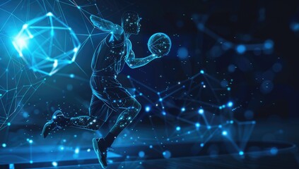 Abstract Polygonal Basketball Player in Mid-Action, Hitting the Ball with Neon Gradient Wireframe Cybernetic Particles